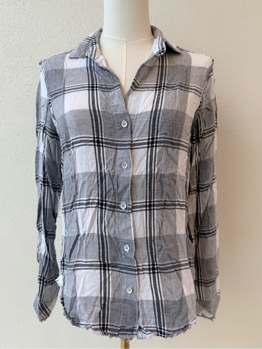 Bella Dahl Gray and White Plaid Shirt with frayed details, XS